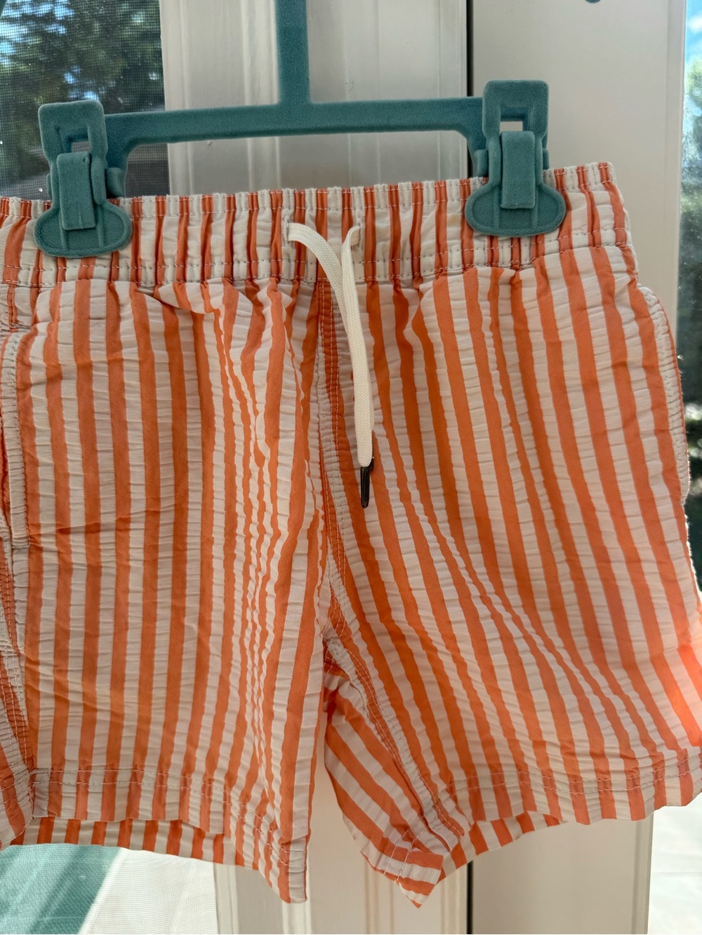 Crewcuts Orange and White Seersucker Drawstring Swim Trunks